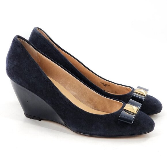 KATE SPADE Cayley Navy Blue Suede Wedge Heel Pump Bow - Picture 1 of 9